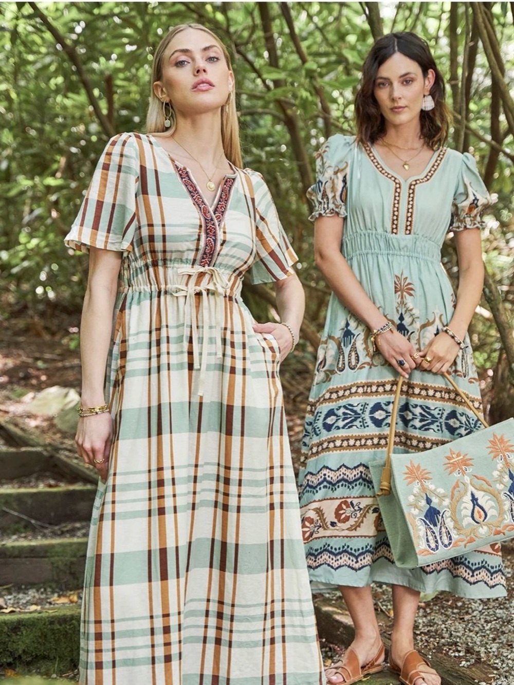 Spartina 449 Sage, Cream and Brown Plaid Drawstring Maxi Dress